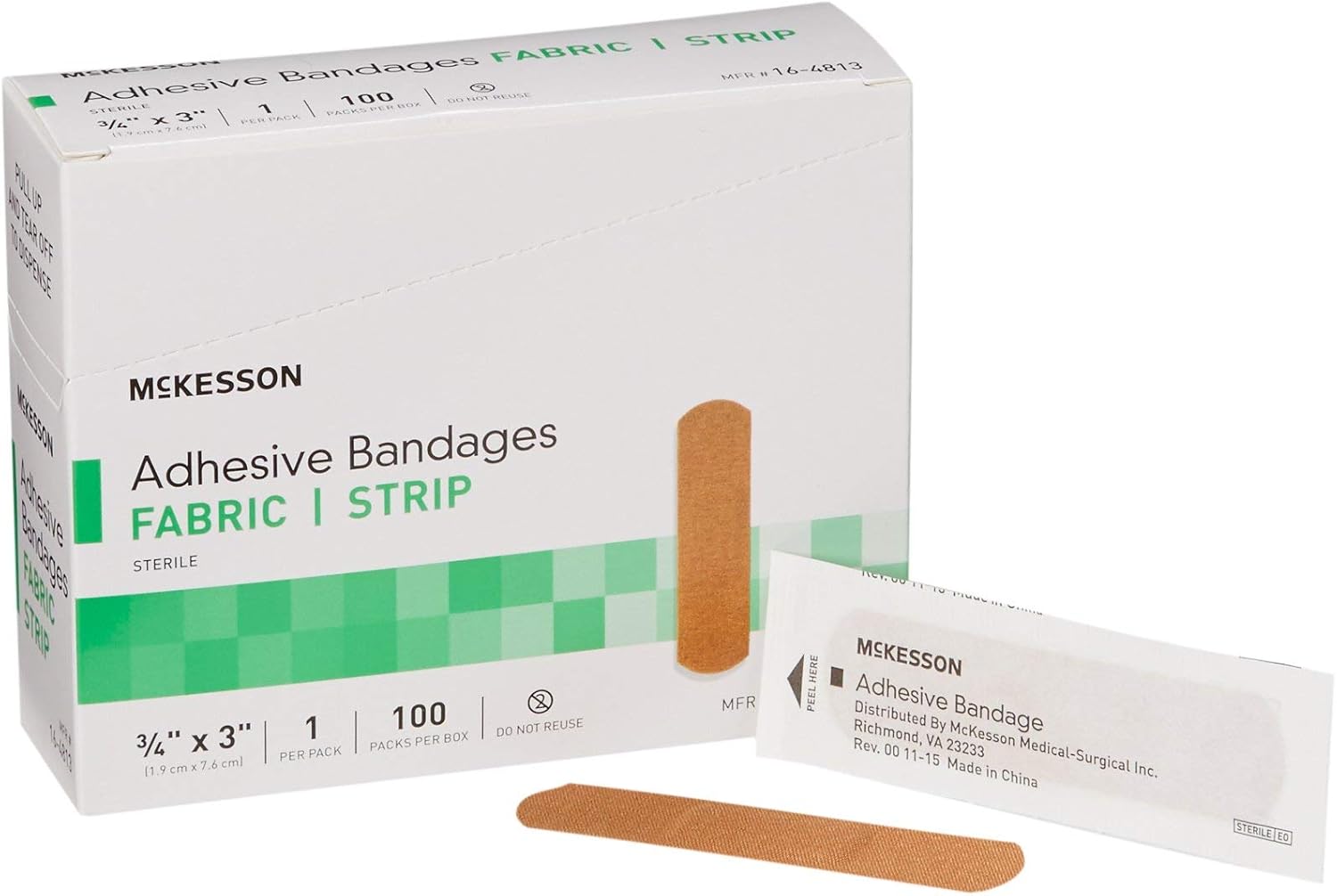 Mckesson Adhesive Bandages, Sterile, Fabric Strip, 3/4 In X 3 In, 100 Count, 1 Pack