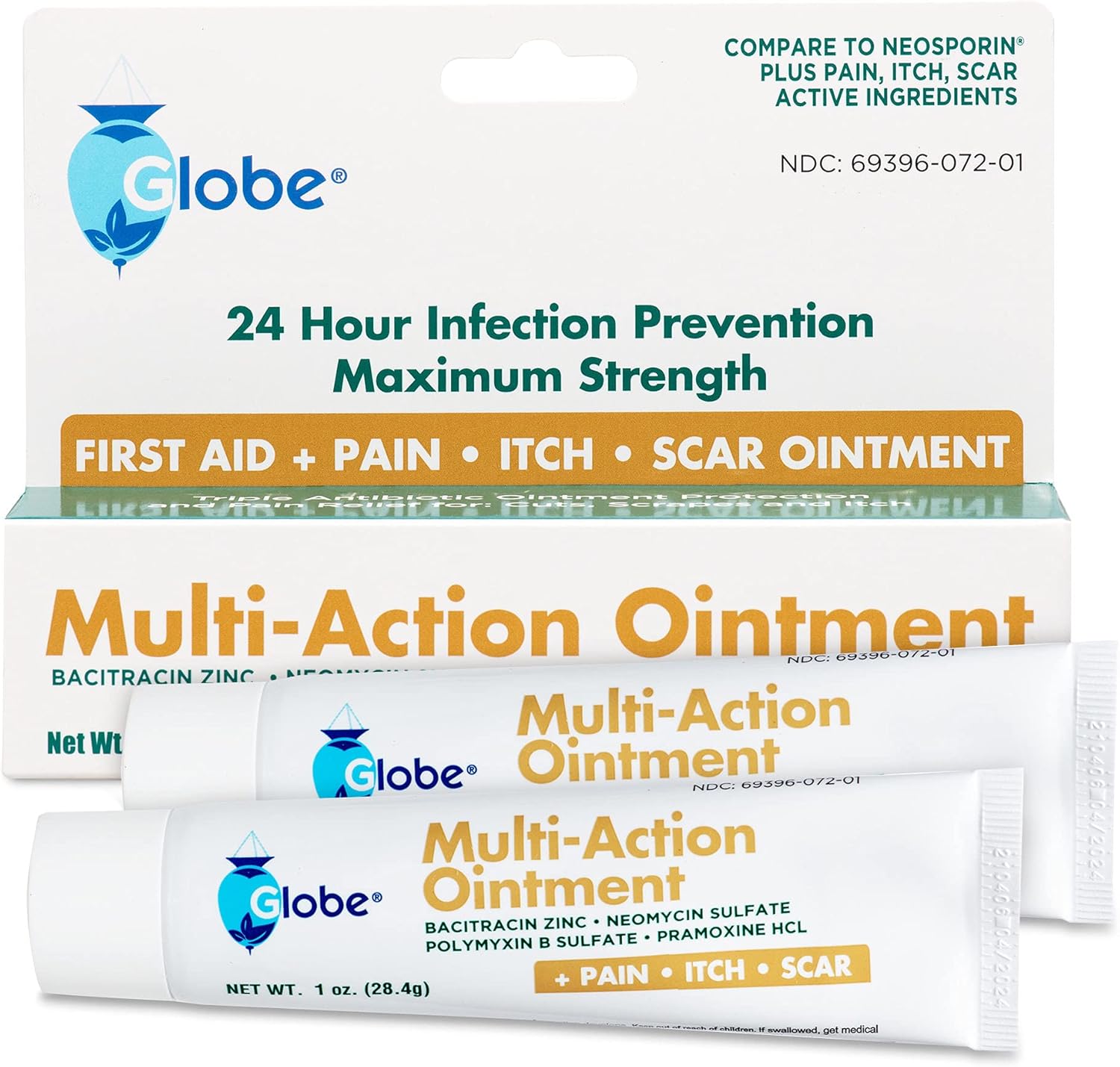 (2 Pack) Globe Pain, Itch & Scar First Aid Antibiotic Ointment, (1 oz) Triple Antibiotic Anti-Itch, Scar Minimizer, for Minor Cuts, Scrapes, and Burns. Compare to The Leading Name Brand. : Health & Household