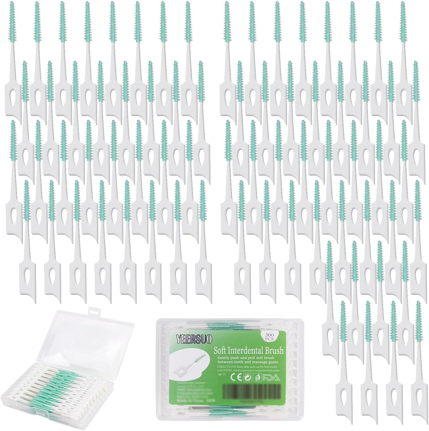 Yeersuo Silicone Interdental Brushes, Toothpick Brush Between Teeth, Floss Brush, Disposable For Cleaning, Toothbrush Cleaning Tool, Green Colors, 300 Pieces