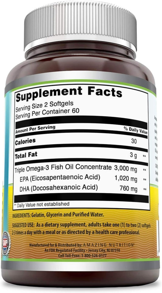 Amazing Omega Triple Strength Fish Oil-1,500 Mg, 120 Softgels (Non GMO,Gluten Free) -Supports Heart, Joint & Brain Health - Superior Bioavailability & Molecular Distillation for Highest Purity