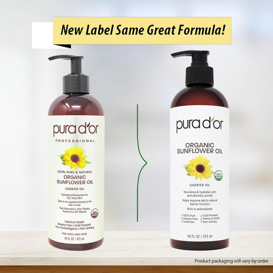 Pura D'Or 16 Oz Organic Sunflower Seed Oil - 100% Pure & Natural Usda Certified Cold Pressed Carrier Oil For Diy Beauty - Unscented, Hexane Free Liquid Moisturizer - Face Skin & Hair - Men & Women