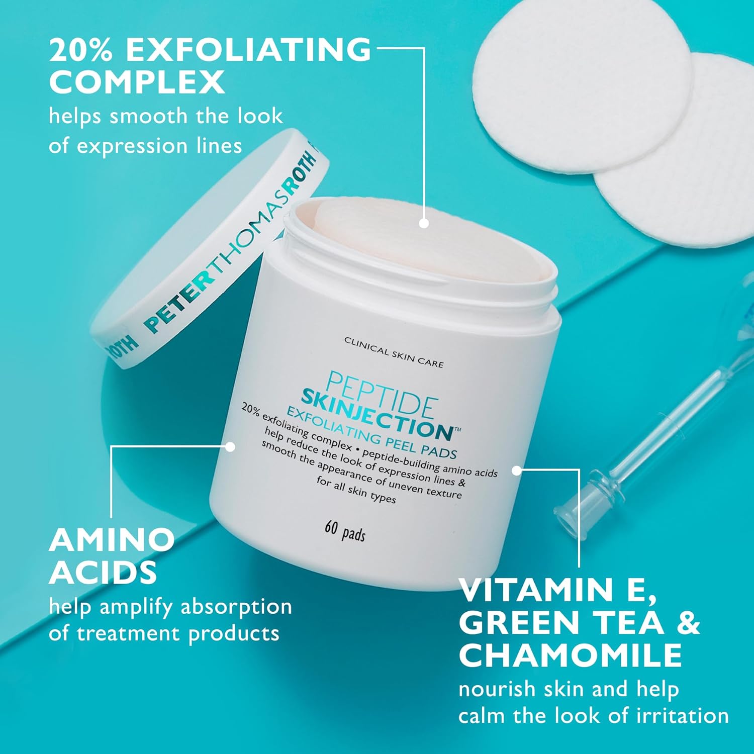 Peter Thomas Roth | Peptide Skinjection Exfoliating Peel Pads, For Smoothing Expression Lines & Emerging Wrinkles, Fragrance-Free, Alcohol-Free, For All Skin Types : Beauty & Personal Care