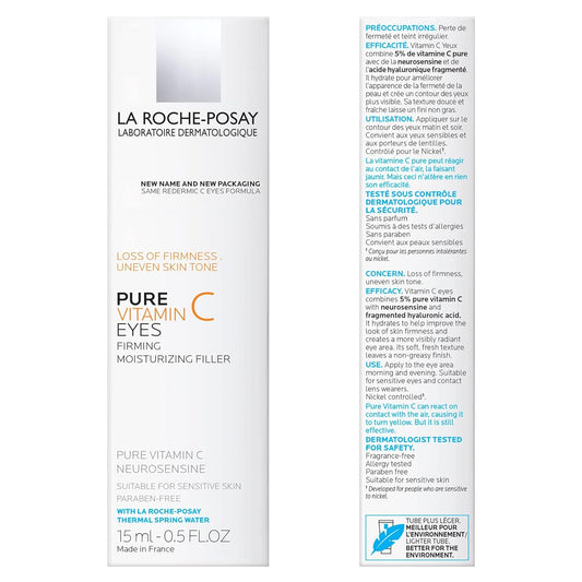 La Roche-Posay Redermic C Pure Vitamin C Eye Cream With Hyaluronic Acid To Reduce Wrinkles For Anti-Aging Effect, 0.5 Fl Oz (Pack Of 1)