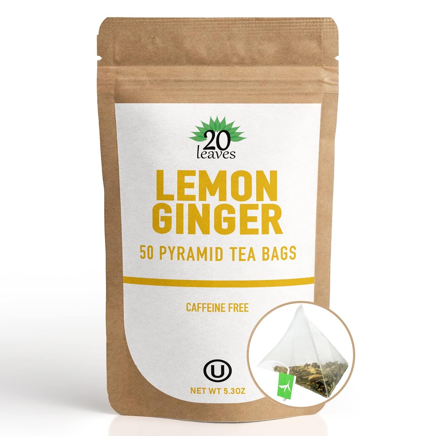 Lemon Ginger Herbal Tea Made With Lemon Myrtle Tisane - Caffeine Free Hot Tea - 50 Pyramid Tea Bags Sachets In A Resealable Bag