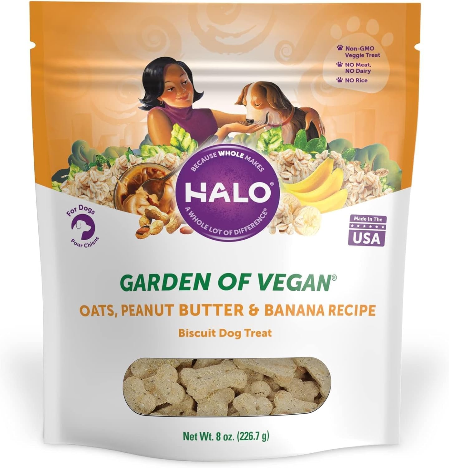 Halo Plant-Based Dog Treats With Peanut Butter And Banana, Vegan Dog Treat Pouch, 8Oz Bag