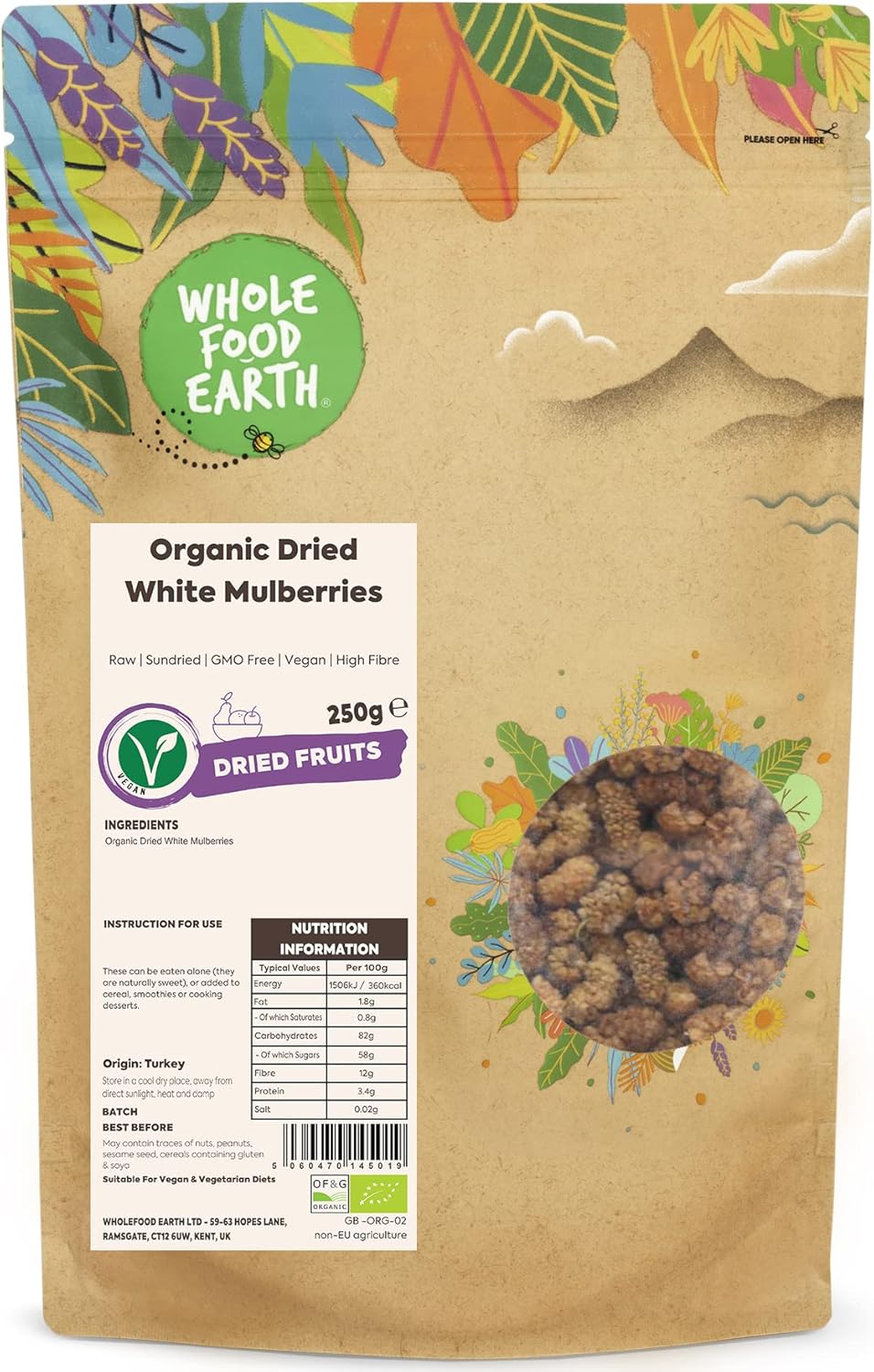 Wholefood Earth Organic Dried White Mulberries – 500 G | Raw | Sundried | Gmo Free | Vegan | High Fibre | Certified Organic