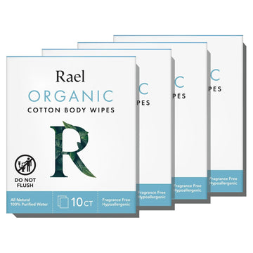 Rael Body Wipes, Organic Cotton Wipes For Women - Unscented Body Wipes, Individually Wrapped, All Skin Types, Vegan, Cruelty Free (10 Count, Pack Of 4)