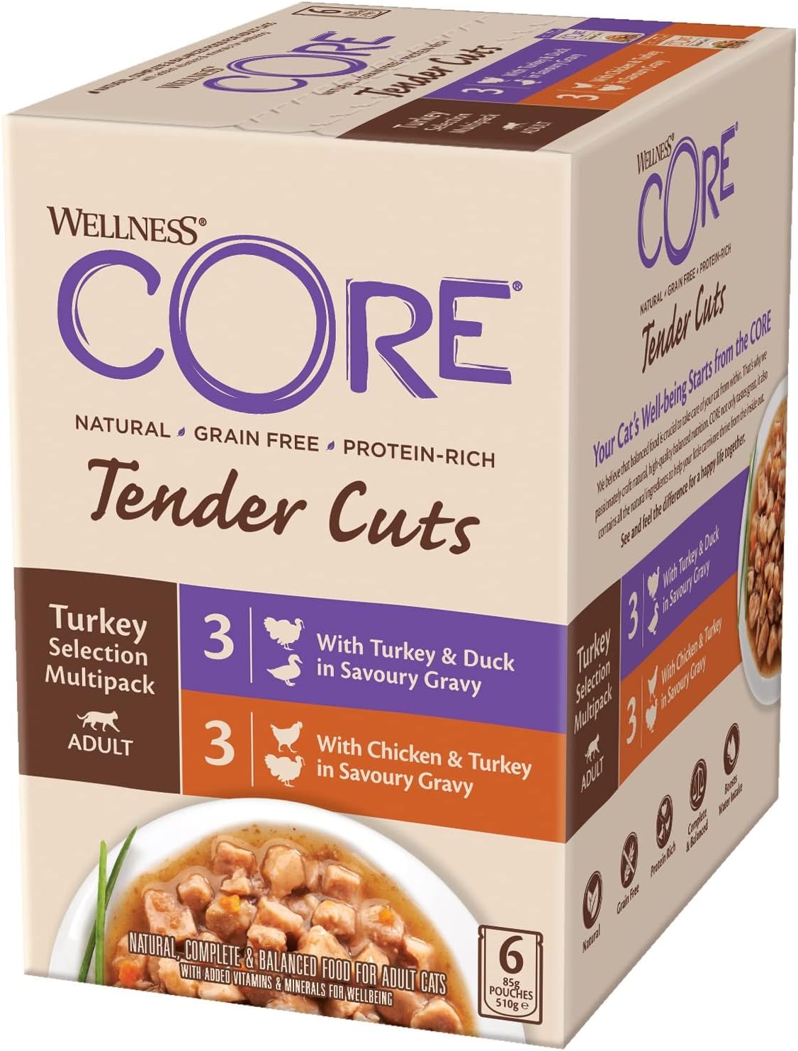 Wellness CORE Tender Cuts, Wet Cat Food, Cat Food Wet with Tender Pieces in Sauce, Grain Free, High Meat Content, Turkey Selection Mix, 6 x 85 g :Pet Supplies