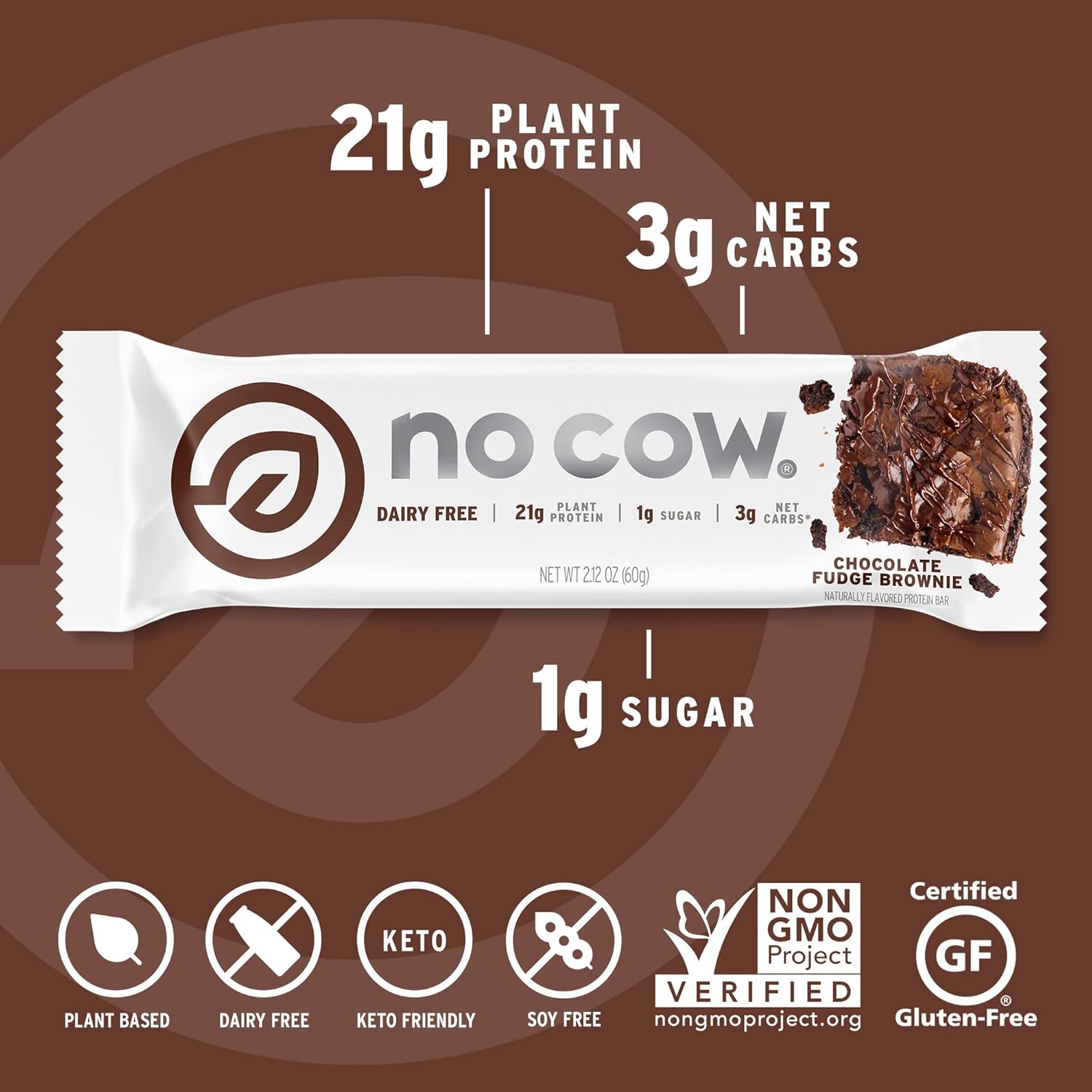 No Cow High Protein Bars, Chocolate Fudge Brownie - Healthy Snacks, 20g Vegan Protein, High Fiber, Low Sugar, Keto Friendly, Dairy & Gluten Free (12 Count) : Health & Household