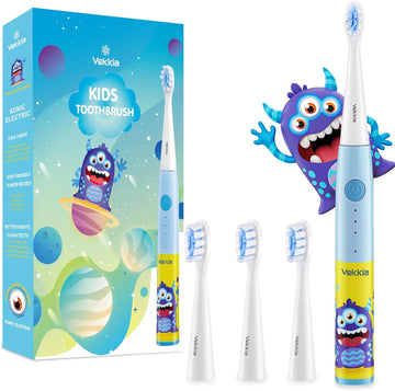 Vekkia Kids Electric Toothbrushes, Kids Toothbrush with 3 Modes and 2-Min Time for Age 3+, IPX7 Waterproof, 4 Soft Bristles(Three-Eyed Monster)