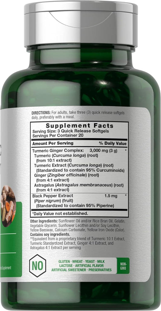 Horbäach Turmeric And Ginger Supplement 3000 Mg | 60 Softgel Capsules | Turmeric Curcumin Complex With Black Pepper Extract | Non-Gmo, Gluten Free