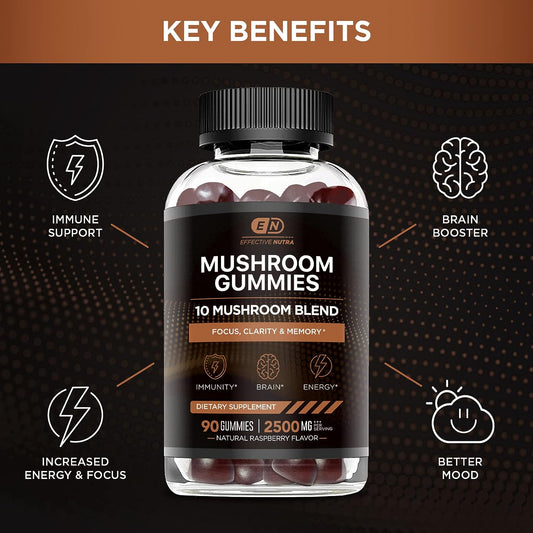 Mushroom Gummies 10 Blend - Mushroom Complex 2500mg - Mushroom Supplement for Men & Women - Brain Booster, Immune Support, Energy 90ct (2-Pack)