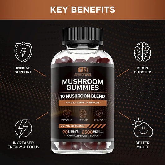 Mushroom Gummies 10 Blend - Mushroom Complex 2500Mg - Brain Booster, Immune Support, Energy - Mushroom Supplement For Men & Women (90Ct)