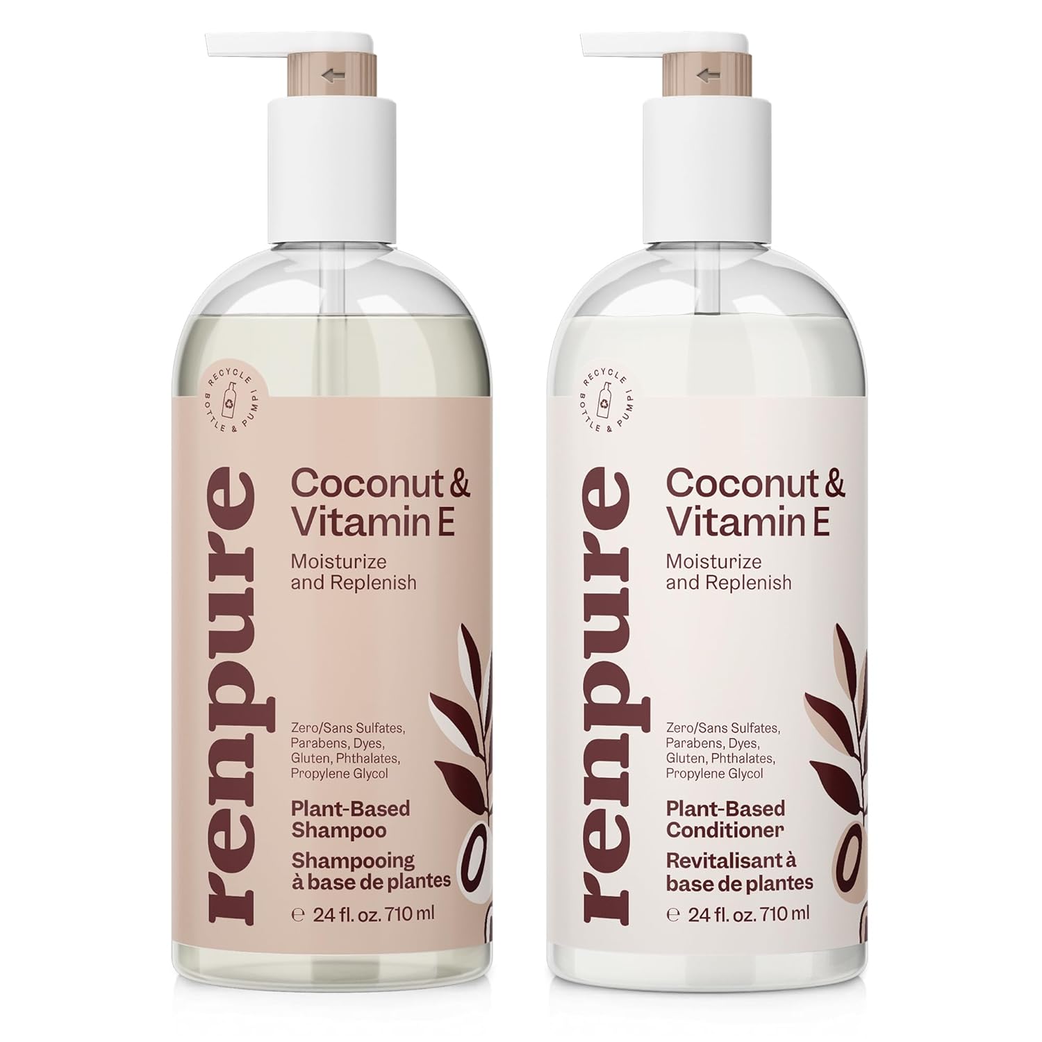 Renpure Coconut & Vitamin E Shampoo & Conditioner Set, Plant-Based – Nourishes & Seals In Moisture For Soft, Healthy Hair – For Dry, Lifeless Hair – Coconut Oil & Vitamin E - 24 Fl Oz Each, 2 Pack