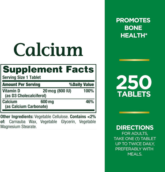 Nature's Bounty Calcium Carbonate & Vitamin D, Supports Immune Health & Bone Health, 600mg Calcium & 800IU Vitamin D3, 250 Tablets