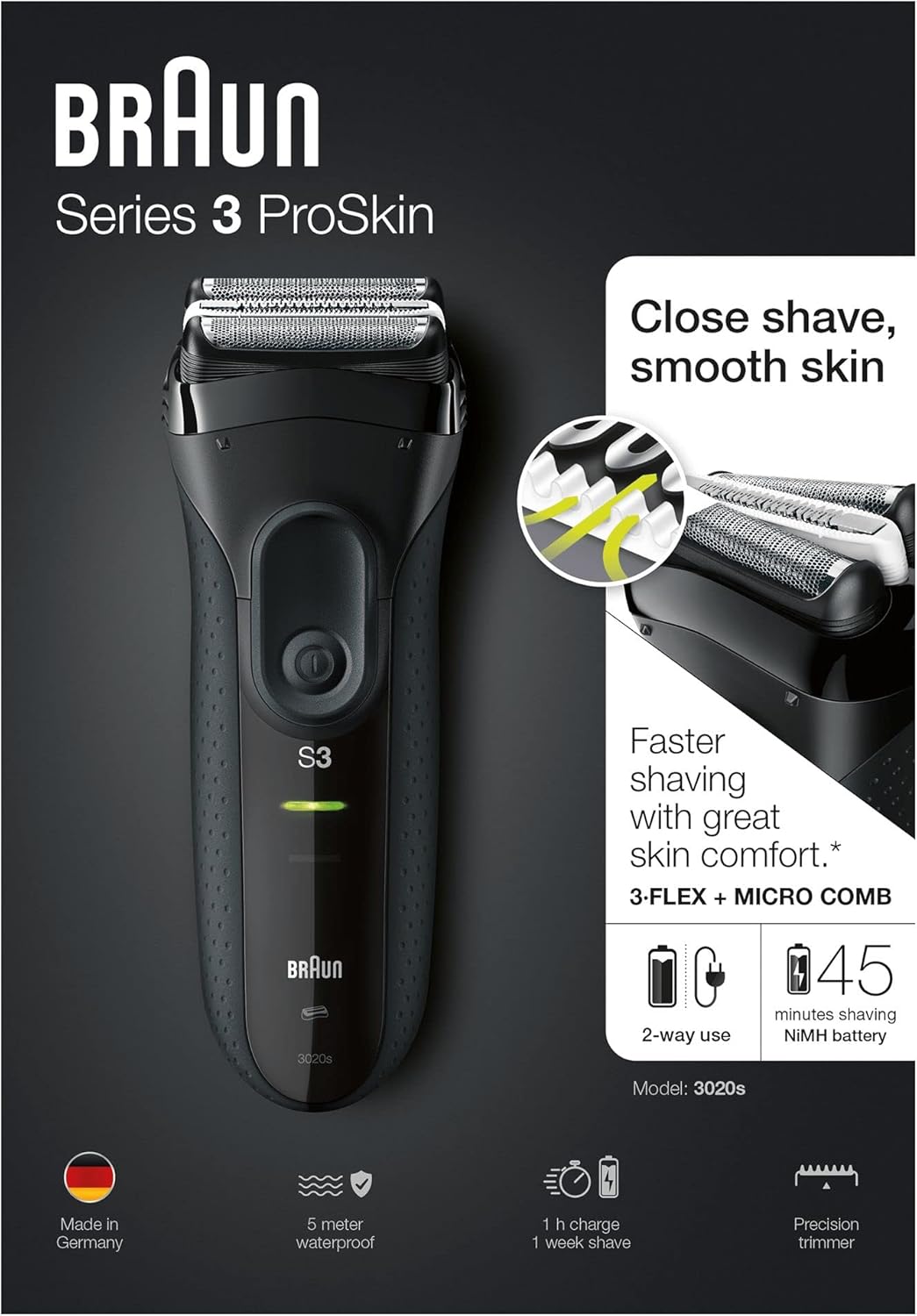 Braun Series 3 ProSkin Electric Shaver, Electric Razor for Men With Pop Up Precision Trimmer, Cordless, Wet and Dry, Close Shave, Gifts For Men, UK 2 Pin Plug, 3020s, Black Razor : Amazon.co.uk: Health & Personal Care