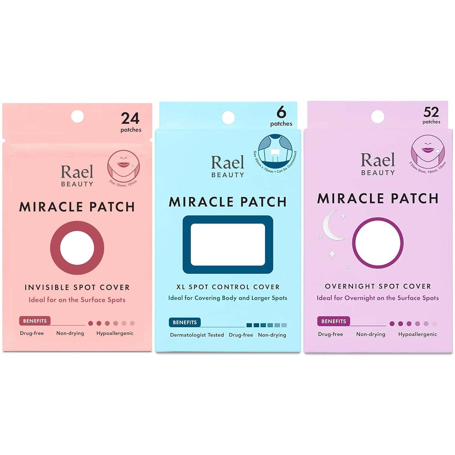 Rael Miracle Bundle - Invisible Spot Cover (24 Count), Xl Spot Control Cover (6 Count), Overnight Spot Cover (52 Count)