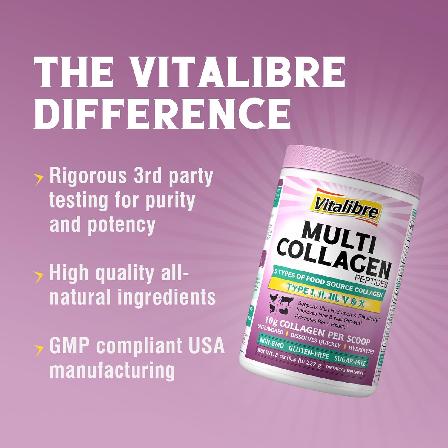 Vitalibre Multi Collagen Peptides Powder Type I Ii Iii V X, Hydrolyzed Collagen Protein For Women And Men, Skin, Hair, Nails, Unflavored, Non-Gmo, Keto & Gf, Zero Sugar, 45 Servings, 16Oz : Health & Household
