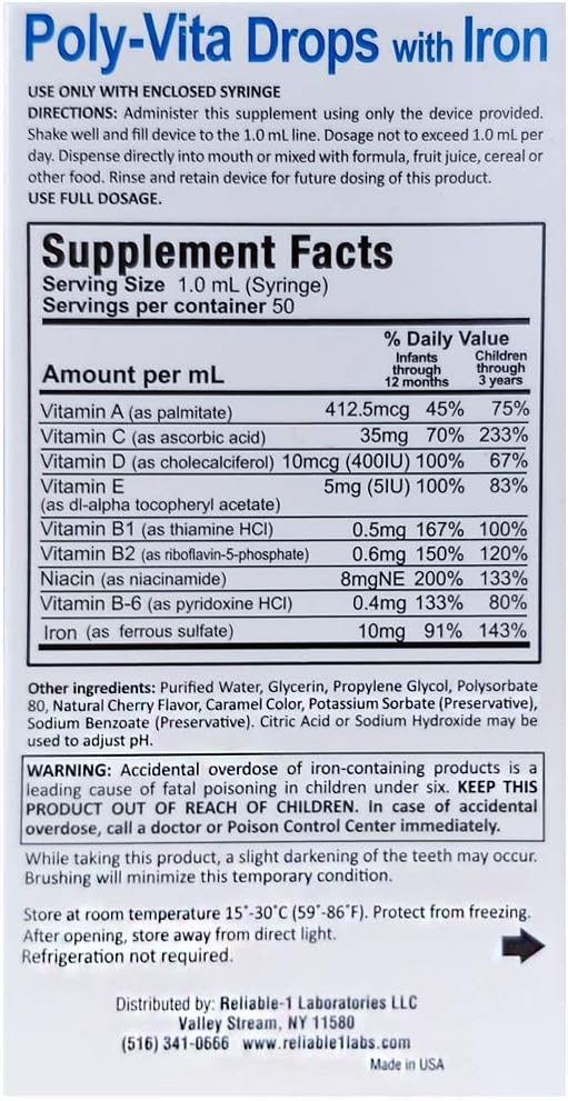 Reliable-1 Laboratories Poly-Vita Infant Toddler Multivitamins Drops + Iron Baby Iron Supplement | Toddler Essentials Multivitamin | Alcohol & Sugar Free – Natural Fruit Flavor | 1 2/3 Fl Oz : Health & Household