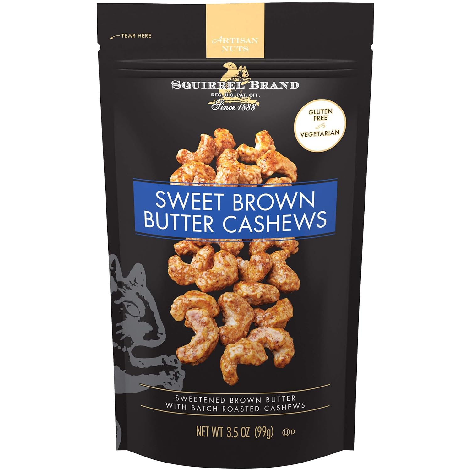 Squirrel Brand Sweet Brown Butter Cashews, 3.5 Ounces Resealable Bag, Gluten Free, Vegetarian