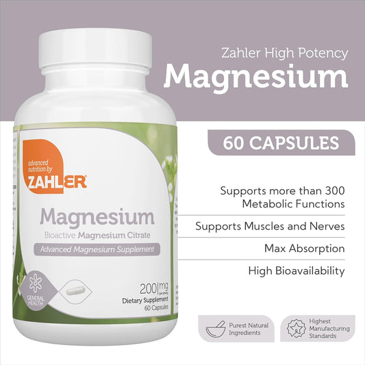 Zahler - Magnesium Supplement Capsules 200 Mg (60 Count) Certified Kosher Bioactive Magnesium Citrate For Max Absorption - Natural Magnesium Mineral For Men & Women - Best Magnesium Supplements