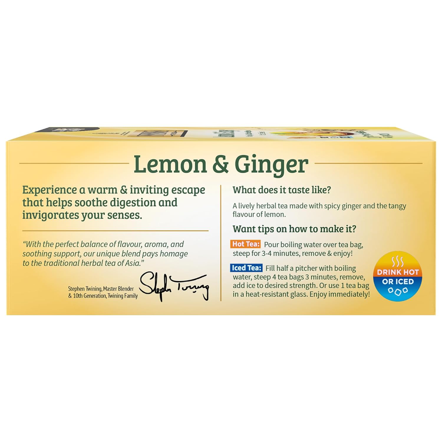 Twinings Lemon & Ginger Herbal Tea, 100 Individually Wrapped Tea Bags, Tangy Lemon, Spicy Ginger, Naturally Caffeine Free, Enjoy Hot Or Iced