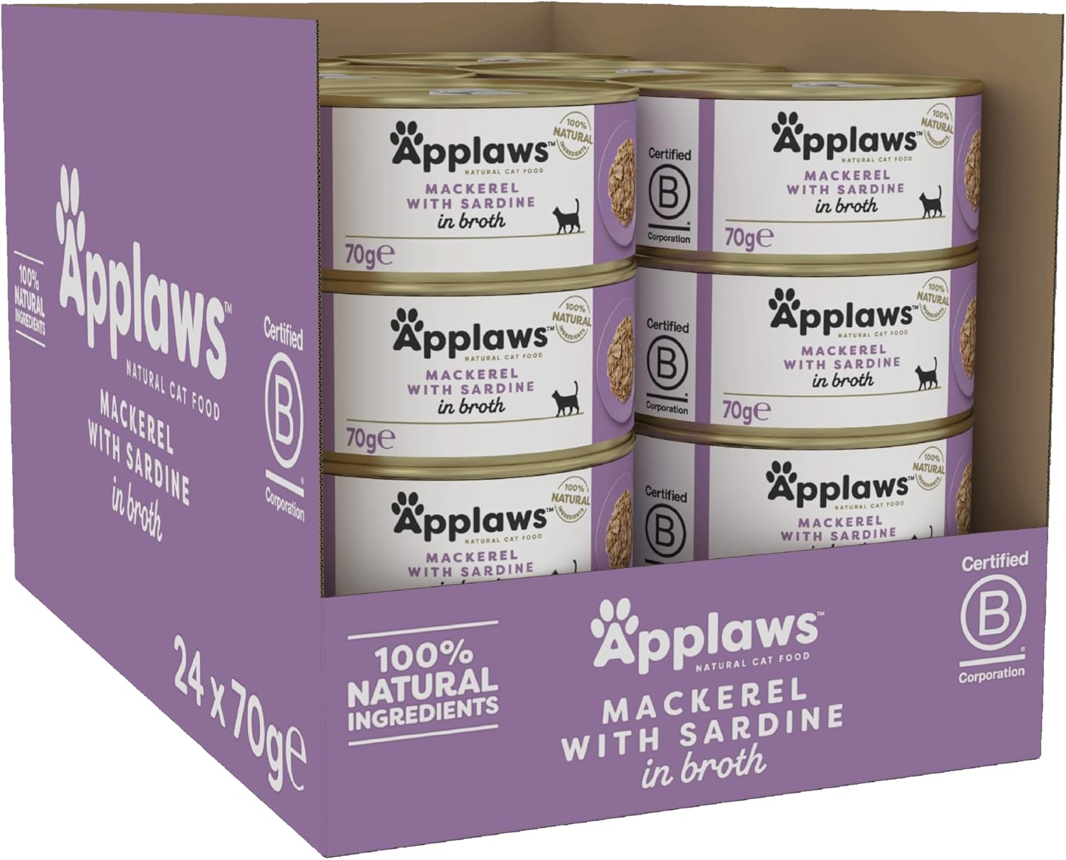 Applaws 100% Natural Wet Cat Food Tins, Mackerl with Sardine in Broth 70 g for Adult Cats (24 x 70 g Tins)?9104963