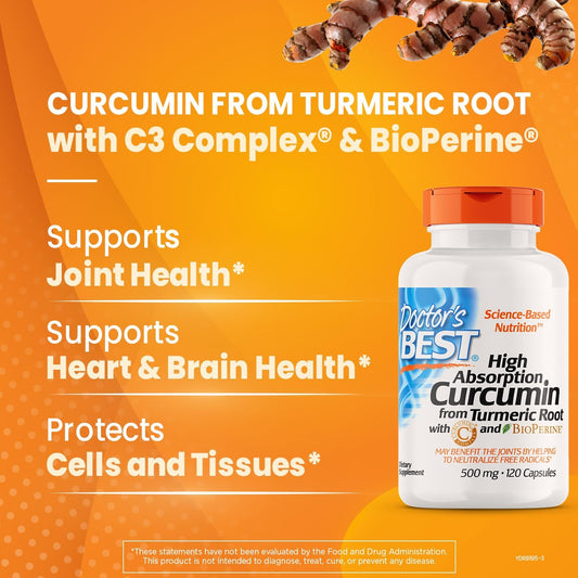 Doctor'S Best Curcumin From Turmeric Root With C3 Complex & Bioperine, Benefit The Joints By Helping To Neutralize Free Radicals, Non-Gmo, Gluten Free, Soy Free, Joint Support, 1000 Mg, 120 Tablets