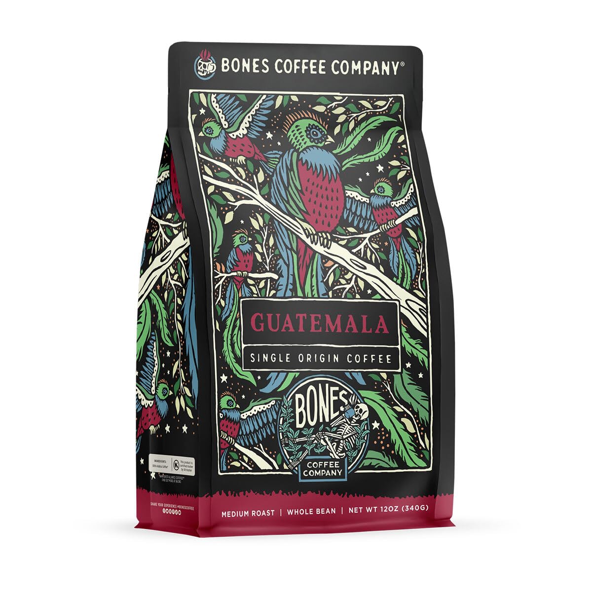 Bones Coffee Company Guatamela Single-Origin Ground Coffee Beans | 12 oz Low Acid Medium Roast Gourmet Coffee | Flavored Coffee Gifts & Beverages (Ground)