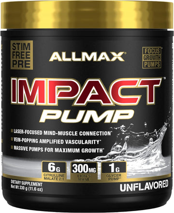 Allmax Impact Pump, Unflavored - 330 G - Stim-Free Pre-Workout Formula - Boosts Pumps & Mind-Muscle Connection - With Citrulline Malate & Lion’S Mane - Up To 30 Servings