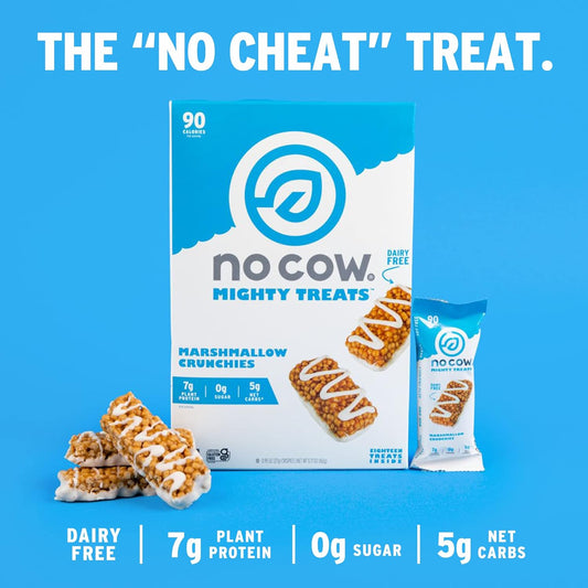 No Cow Mighty Treats, Marshmallow Crunchies, 7G Plant Based Vegan Protein, Keto Friendly Snacks, Low Sugar, Low Carb, Low Calorie, Gluten Free, Naturally Sweetened, Dairy Free, Non Gmo, Kosher, 18 Count