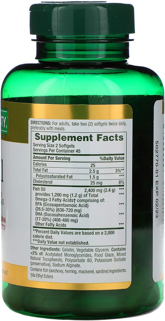 Nature'S Bounty Fish Oil, Supports Heart Health, 2400Mg, Coated Softgels, 90 Ct