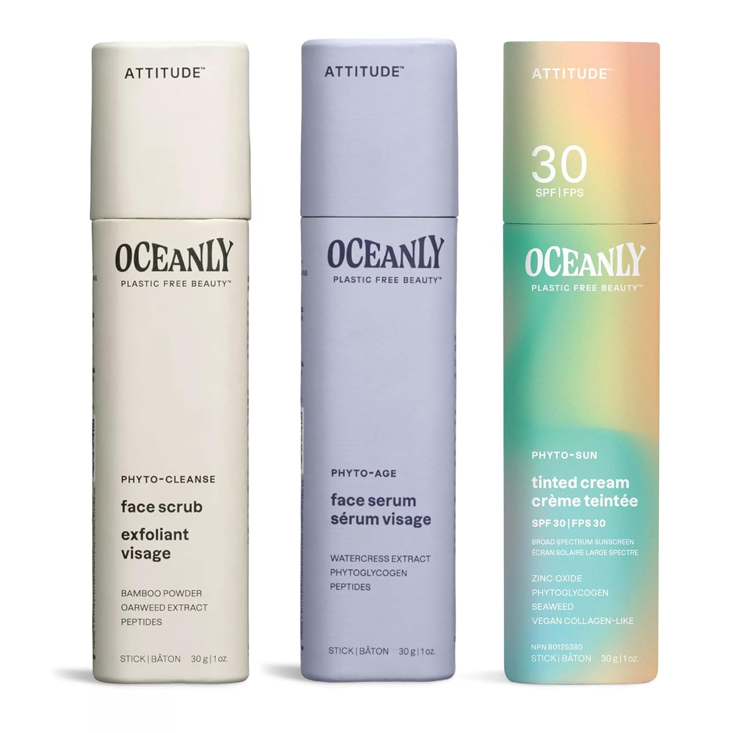 Bundle Of Attitude Oceanly Tinted Face Cream Stick With Spf 30, Ewg Verified,Universal Tint, Unscented, 1 Oz + Face Scrub Phyto Cleanse, Unscented, 1 Oz + Face Serum, Phyto Age, Unscented, 1 Oz