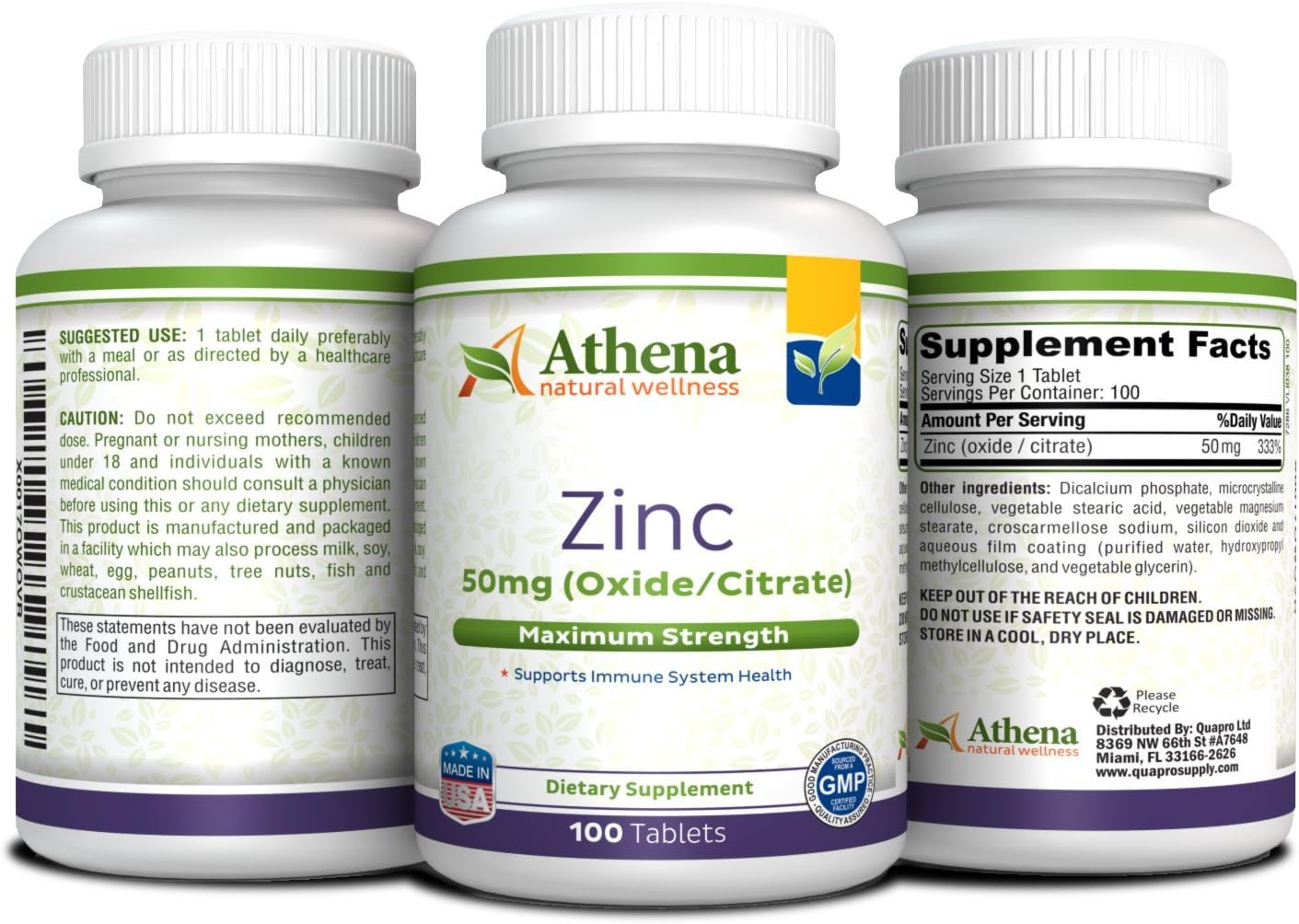 Athena - Zinc Supplement Tablets 50mg - Oxide/Citrate - 100 Coated Tab