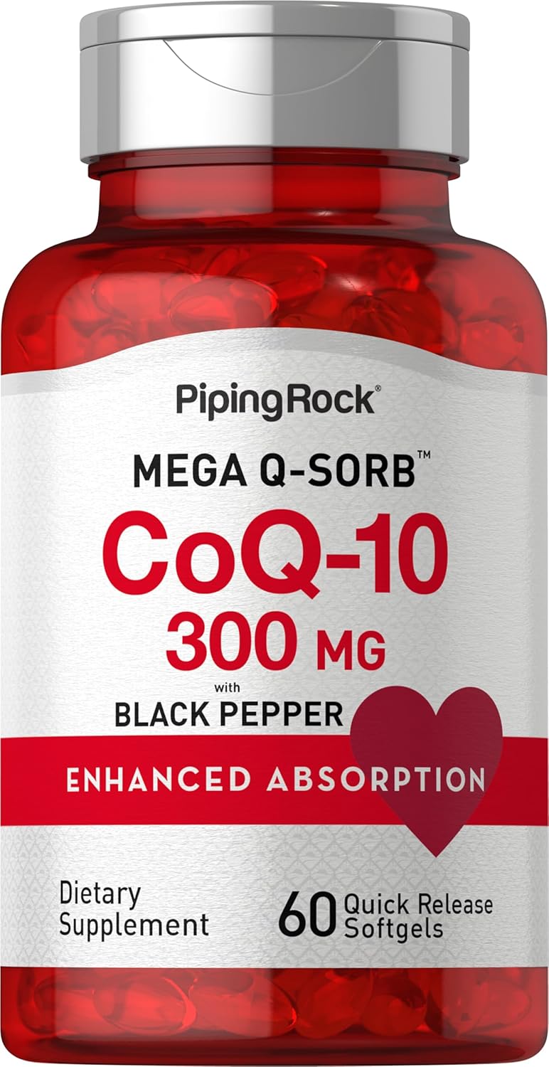 Piping Rock Coq10 300Mg Softgels | 300Mg Per Capsule | 60 Pills | With Black Pepper | Coq10 Coenzyme Supplement | Mega Q-Sorb Enhanced Absorption | Non-Gmo, Gluten Free