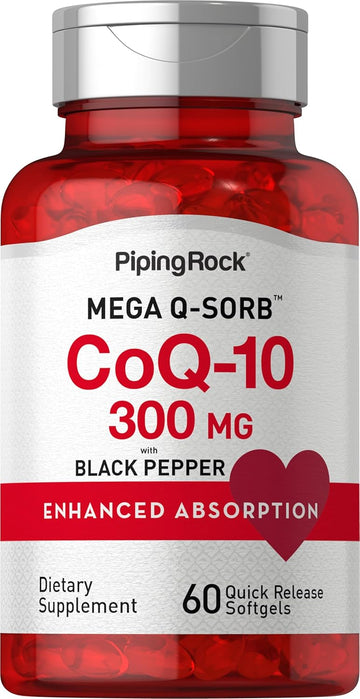Piping Rock Coq10 300Mg Softgels | 300Mg Per Capsule | 60 Pills | With Black Pepper | Coq10 Coenzyme Supplement | Mega Q-Sorb Enhanced Absorption | Non-Gmo, Gluten Free