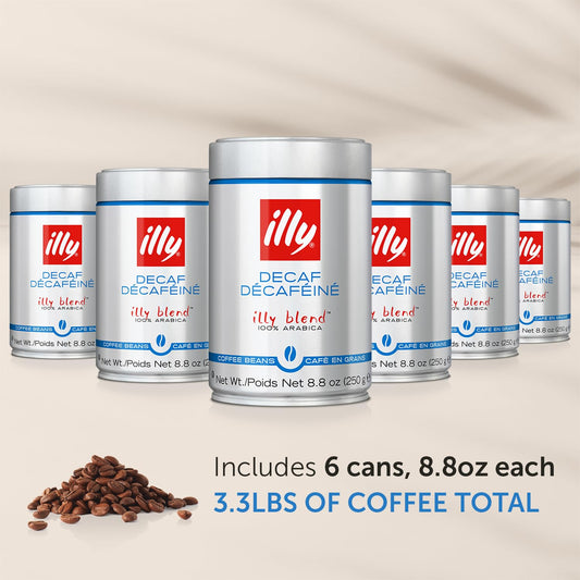 Illy Whole Bean Coffee - Perfectly Roasted Whole Coffee Beans – Classico Decaf Roast - With Notes Of Caramel, Toasted Bread & Chocolate - 100% Arabica Coffee - No Preservatives – 8.8 Ounce, 6 Pack