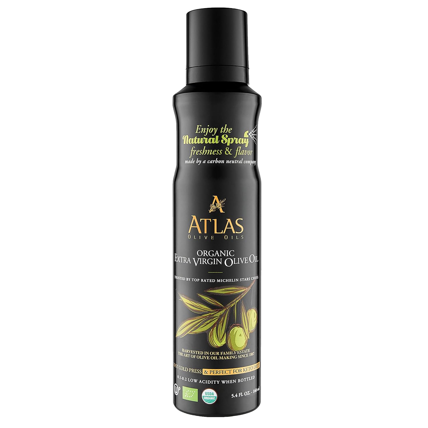 Organic Extra Virgin Olive Oil Spray, Polyphenol Rich Moroccan Oil, Cooking Spray Non Stick, Cold Pressed Evoo Oil, Hydroxytyrosol Keto Olive Oil, 5.4 Fl Oz. Bottle