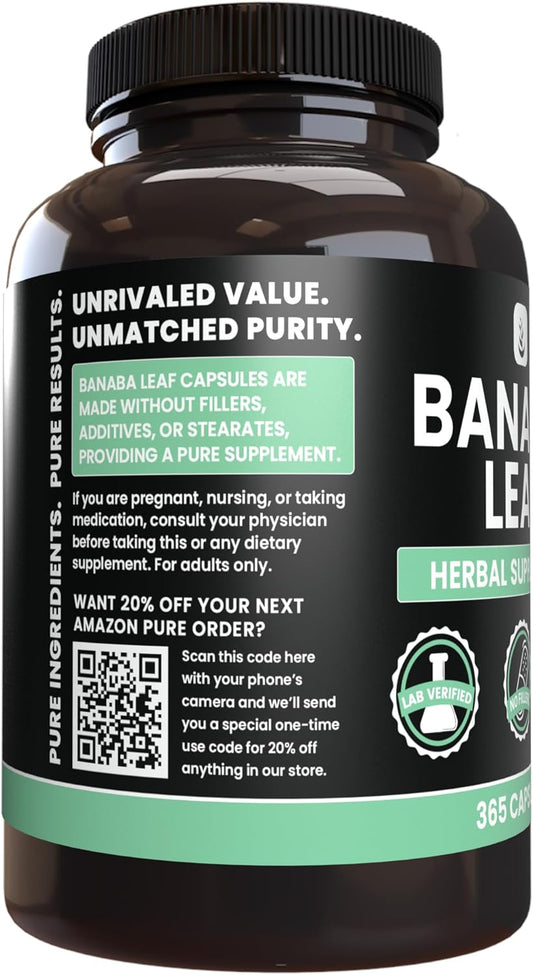 Pure Original Ingredients Banaba Leaf Extract (365 Capsules) No Magnesium Or Rice Fillers, Always Pure, Lab Verified