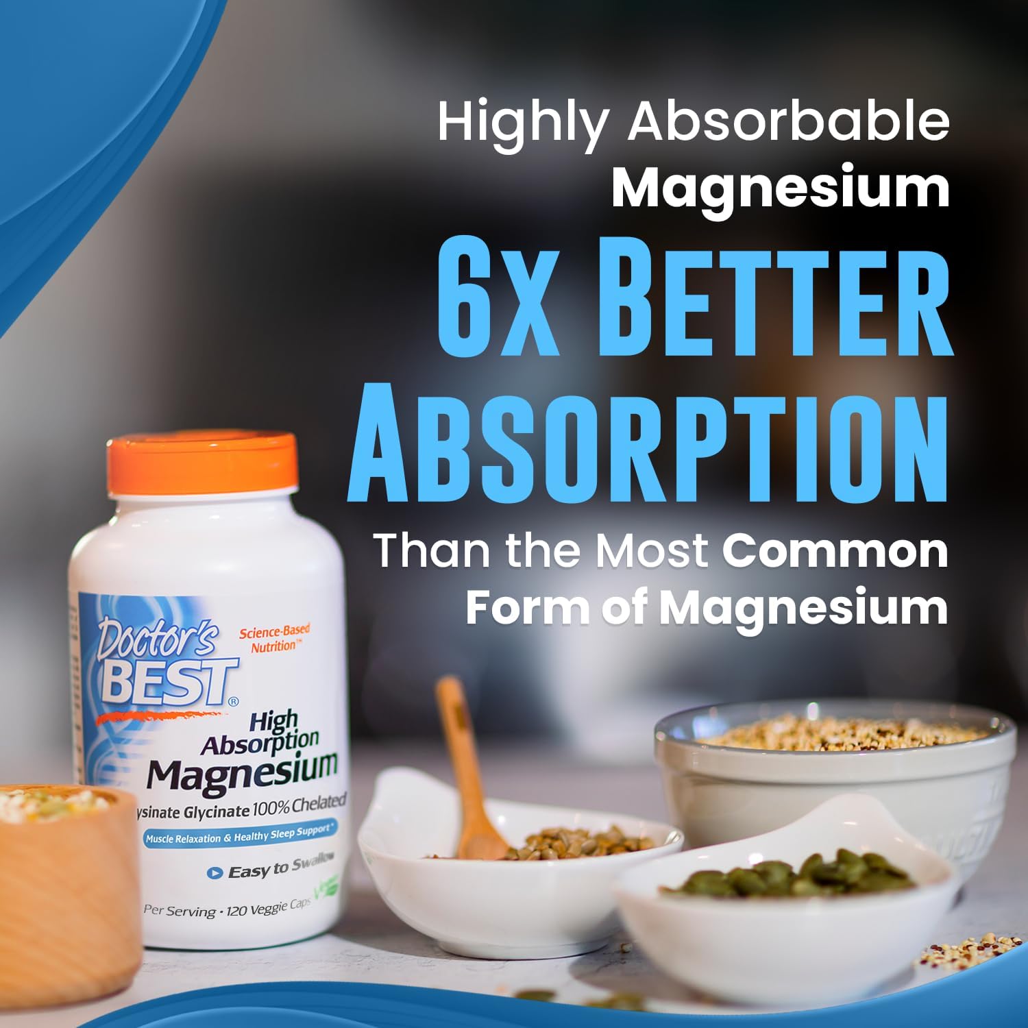 Doctor's Best High Absorption Magnesium Lysinate Glycinate Capsule, Easy to Swallow, 120 Ct : Health & Household