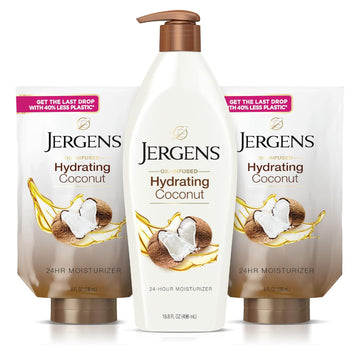 Jergens Coconut Oil-Infused Hand and Body Moisturizer, Soothing Full-Body Moisture, with Hydrating Coconut, Oil-Infused Lotion, 16.8 oz plus 2 - 8 oz Refills, 3 Piece set