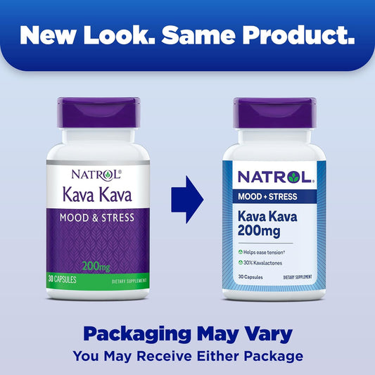 Natrol Mood & Stress Kava Kava 200Mg, Dietary Supplement For Relaxation And Eases Tension, 30 Capsules, 15-30 Day Supply