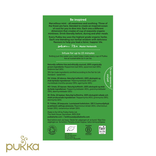 Pukka Three Mint Organic Herbal Tea, Peppermint, Spearmint And Field Mint, 20 Tea Bags