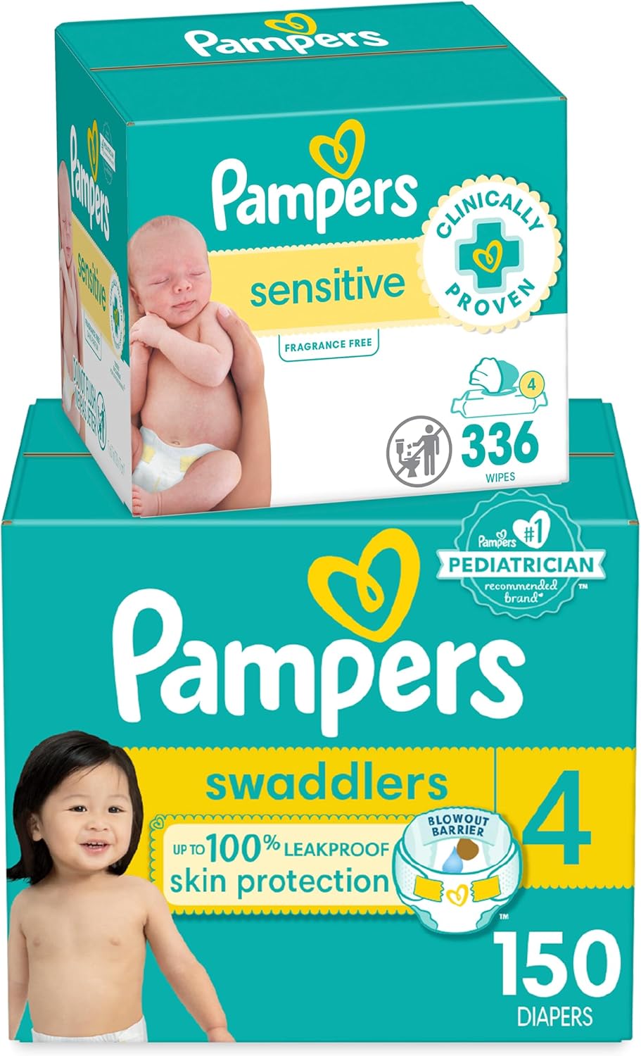 Pampers Swaddlers Disposable Baby Diapers Size 4, One Month Supply (150 Count) With Sensitive Water Based Baby Wipes 4X Pop-Top Packs (336 Count)