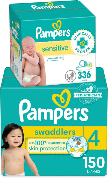 Pampers Swaddlers Disposable Baby Diapers Size 4, One Month Supply (150 Count) With Sensitive Water Based Baby Wipes 4X Pop-Top Packs (336 Count)