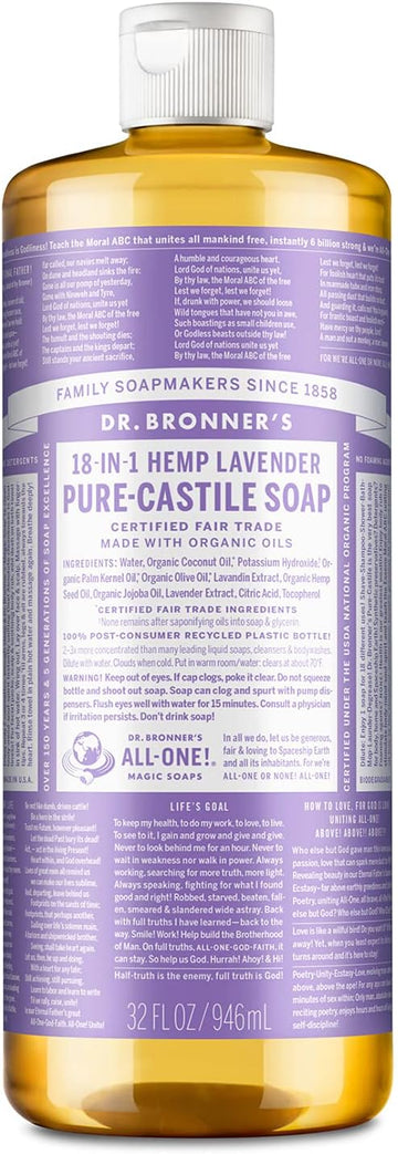 Dr. Bronner's - Pure-Castile Liquid Soap (Lavender, 32 ounce) - Made with Organic Oils, 18-in-1 Uses: Face, Body, Hair, Laundry, Pets and Dishes, Concentrated, Vegan, Non-GMO