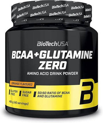 Biotechusa Bcaa + Glutamine Zero | 40 Servings | Vegan | Sugar-Free | Gluten-Free | 2:1:1 Ratio Bcaas | 480 G | Orange