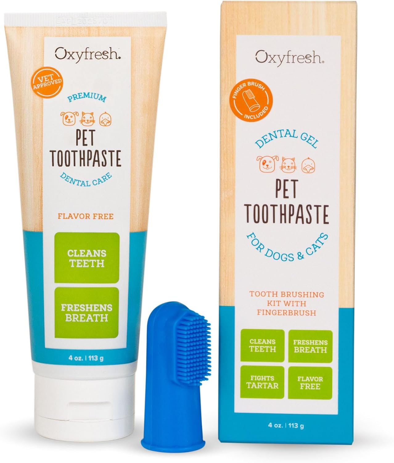 Oxyfresh Premium Dog Toothpaste And Toothbrush – Best Dog Teeth Cleaning & Dog Plaque And Tartar Fighter – Safe For Cat Toothpaste Too – Vet Formulated (4Oz Pet Toothpaste + Large Finger Brush)