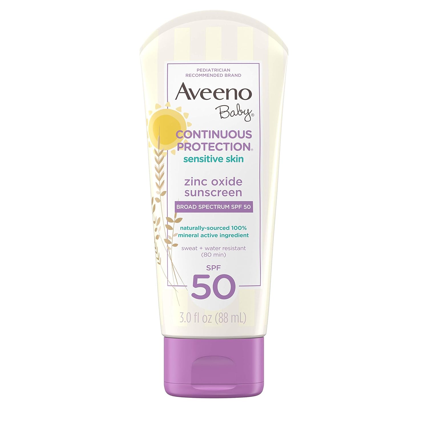 Aveeno Baby Continuous Protection Zinc Oxide Mineral Sunscreen Lotion For Sensitive Skin, Broad Spectrum Spf 50, Tear-Free, Sweat- & Water-Resistant, Paraben-Free, Travel-Size, 3 Fl. Oz