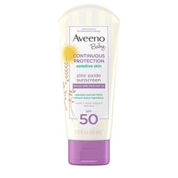 Aveeno Baby Continuous Protection Zinc Oxide Mineral Sunscreen Lotion For Sensitive Skin, Broad Spectrum Spf 50, Tear-Free, Sweat- & Water-Resistant, Paraben-Free, Travel-Size, 3 Fl. Oz